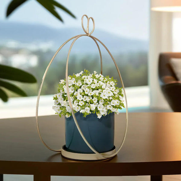 Small Ceramic Flower Pot, Golden Metal Frame, 9" Living Room, Home Decor by Sona Casa