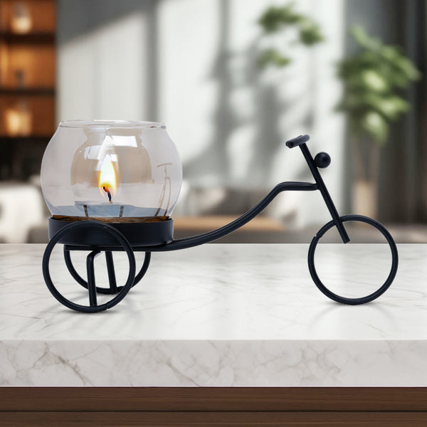 Vintage Iron Rickshaw Candle Holder With Glass Tealight Container, 3" Table, Desk, Altar Decor by Sona Casa