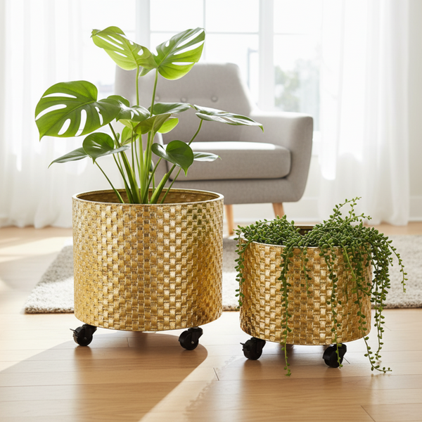 Golden Metal Foil Planter Set with Drain Plug, Indoor Plant Pot with Wheels for Fresh or Faux Plants Home Decor Gift-Sona Casa