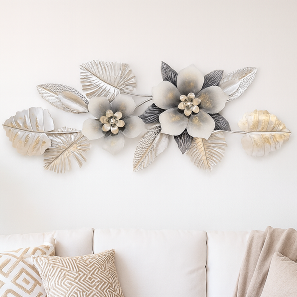 Large Metal Flower Wall Art, 3D Floral Wall Sculpture, Modern Botanical Decor with Silver & Gray Leaves, Textured Metal Wall Decor for Living Room, Bedroom, or Entryway-Sona Casa