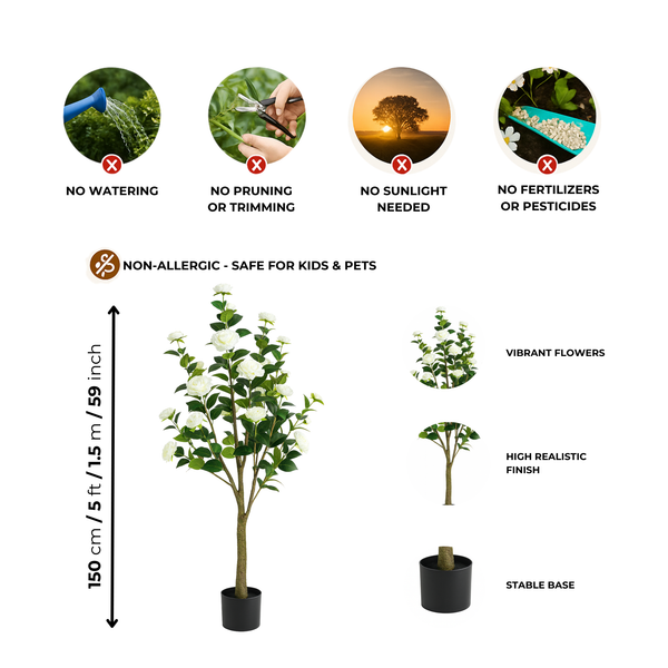 Faux Camellia Tree, 5 ft Tall Faux White Camellia Tree Plant in Cement Base, Indoor Decor for Home or Office, Housewarming Gift-Sona Casa