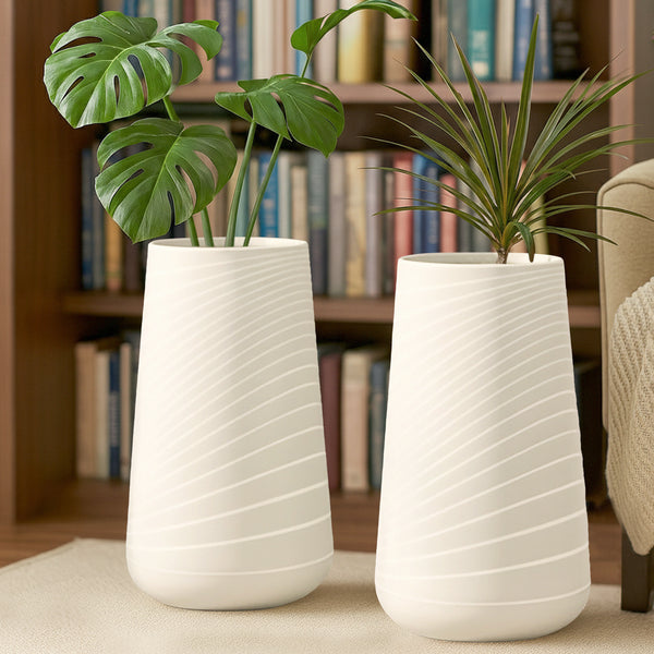 Set of 2 Tall White Indoor Self Watering Decorative Planter, 27" Modern Minimalist Flower Pot Home, Front Porch, Patio, Backyard & Garden Decor-Sona Casa