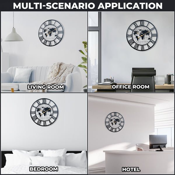 Round Metal Wall Clock, Black Embedded World Map, 24" Silent Roman Numeral Decorative Clock, Home Office Decor-Sona Casa