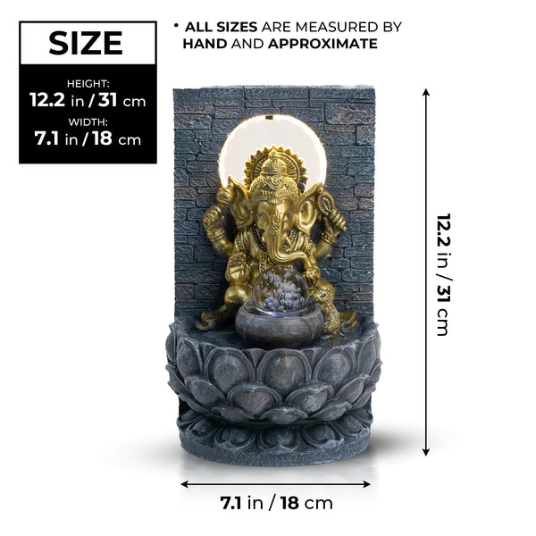 Indoor Waterfall with Golden Ganesha Statue, Lights, Crystal Ball, Polyresin Tabletop Fountain, Desktop Water Fountain, Home or Office Decor 12 inch 31 cm by Sona Casa