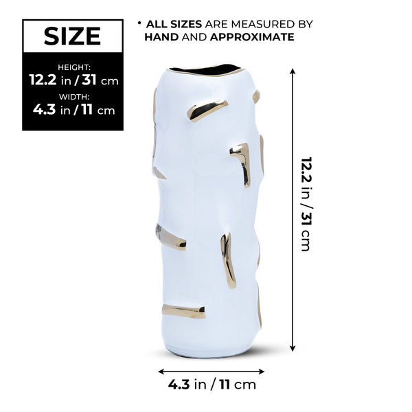White Ceramic Vase, Golden Accent, Fresh or Faux Flowers, 12" Table Decor by Sona Casa