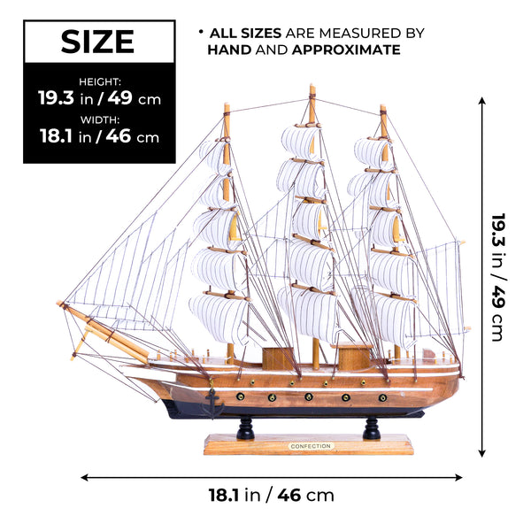 Brown And White Wooden Ship Model With Realistic Cloth Sails, Marine-Inspired Decoration For Nautical Charm by Sona Casa