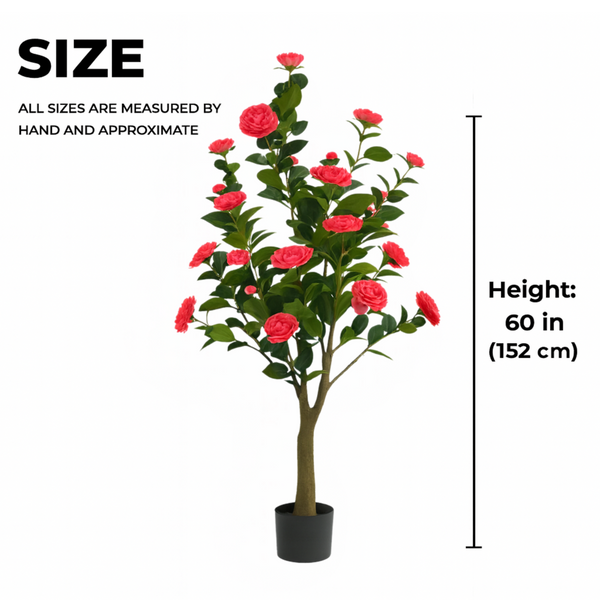 Artificial Flowering Tree, 5 ft Tall Fake Pink Camellia Tree Plant in Cement Base, Indoor Decor for Home or Office, Gift-Sona Casa