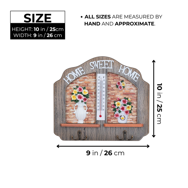 Farmhouse Wooden Key Holder Rack with Thermometer & 2 Double Hooks, Beige 10" Home Entryway Decoratiive Key Hangers, Decor Gifts by Sona Casa