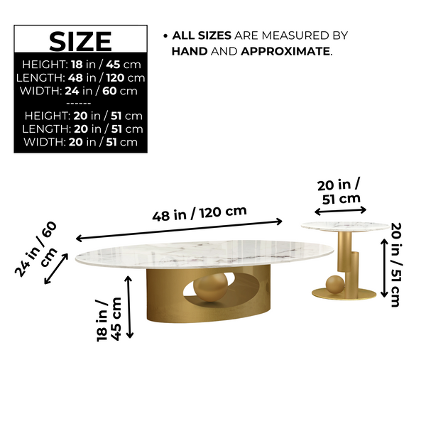 Modern Golden Oval Coffee Table Set 47" and 20", White Marble Surface, Metal Ball Base Design Home Decor by Sona Casa
