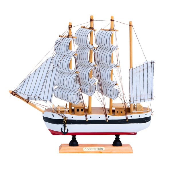 Wooden Ship Model, Cloth Sails, 9" Nautical Tabletop Decor by Sona Casa