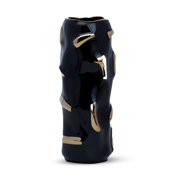 Abstract Black Ceramic Vase, Golden Highlights, 12" Table Decor by Sona Casa