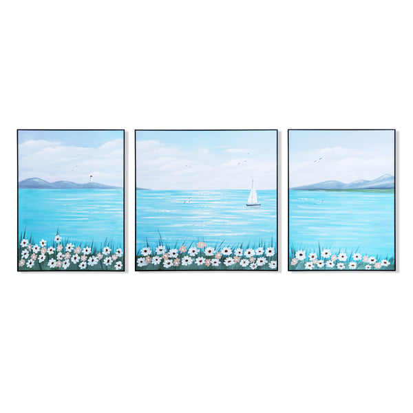 Handmade Blue Lake, Boat Canvas, 79" Wide Wall Art Painting Decor by Sona Casa