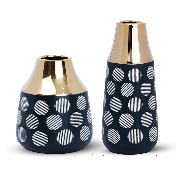 Black Ceramic Tulip Vase, Abstract, Golden Rim, 8" and 13" Table Vase Pair by Sona Casa