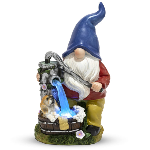 Blue Hat Bathing Dog Gnome With Pump - Polyresin Garden Statue With Solar LED Lights by Sona Casa