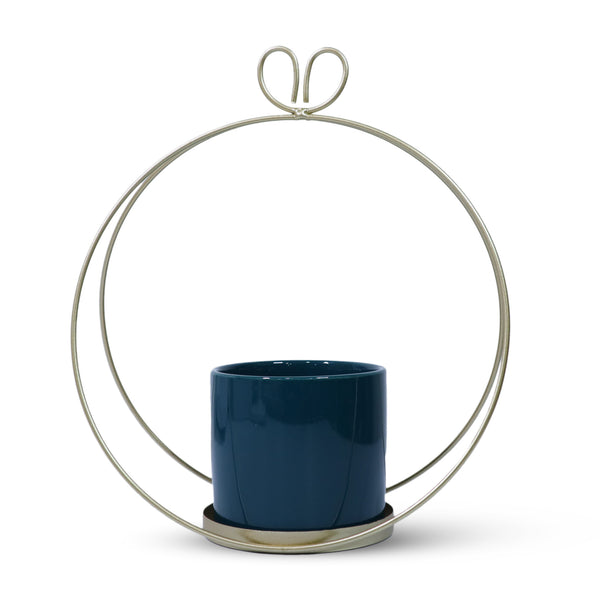 Small Ceramic Flower Pot, Golden Metal Frame, 9" Living Room, Home Decor by Sona Casa