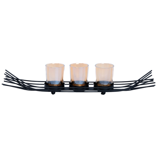 Black Metal Decorative Tealight Candle Holder, 15" Wide, 3 Glass Containers, Modern Abstract Design, Unique Gifts by Sona Casa