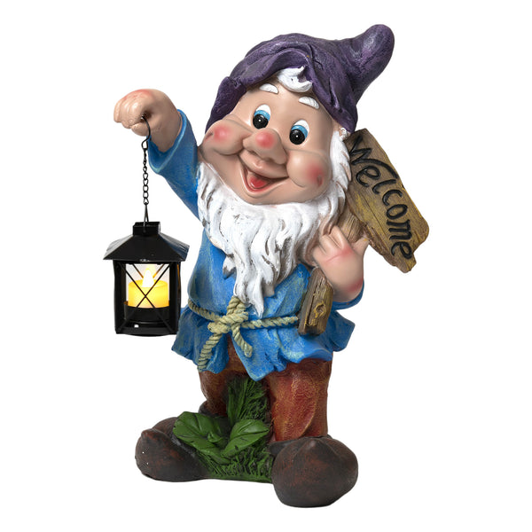 Welcome Gnome Statue with Metal Tealight Candle Holder, Outdoor Polyresin Gnome Lawn Garden Decor with Purple Hat, Large, 16 inch 40 cm by Sona Casa