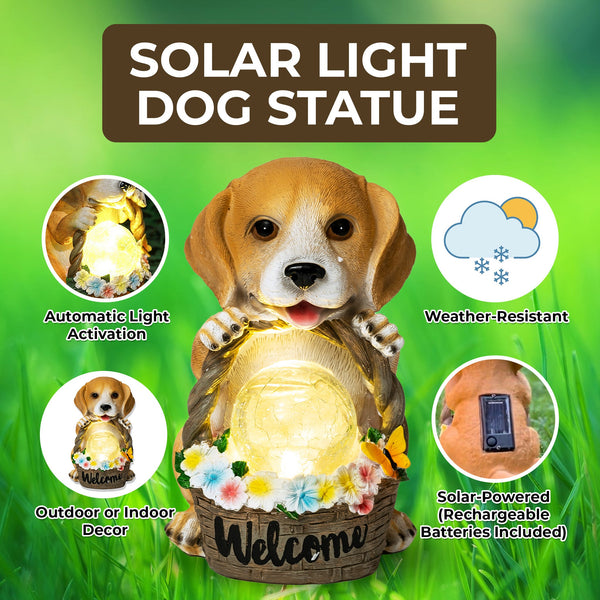 Brown Polyresin Dog Statue With Solar Garden Light And Welcome Basket by Sona Casa