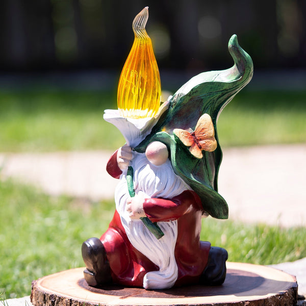 Polyresin Gnome Solar LED Torch Flame, 12" Garden Figurine Outdoor Decor by Sona Casa
