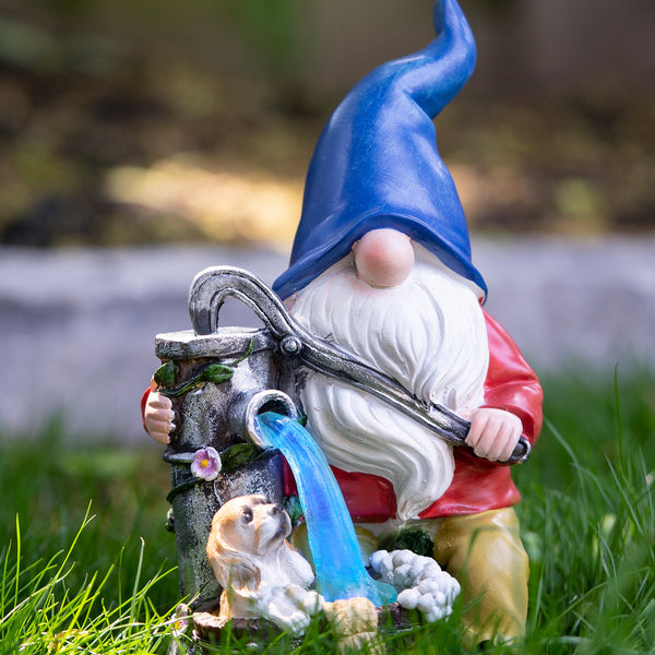 Blue Hat Bathing Dog Gnome With Pump - Polyresin Garden Statue With Solar LED Lights by Sona Casa