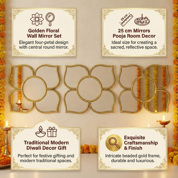 Golden Floral Wall Mirror Set, Traditional Modern Diwali Decor Gift, 25 cm Mirrors Pooja Room Decor-Sona Casa