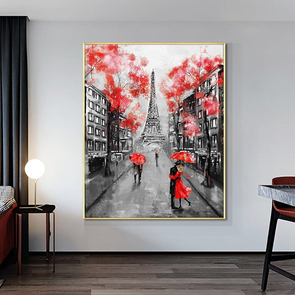 Eiffel Tower Paris Europe Painting, People in the Rain with Red Umbrella Modern Wall Art, Abstract Painting Hand Painted Oil Painting by Sona Casa