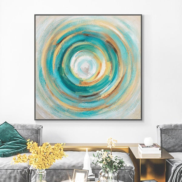 Original Abstract Canvas Art - Green & Blue Circle Oil Painting, Minimalist Wall Decor for Living Room, Unique Housewarming Gift by Sona Casa