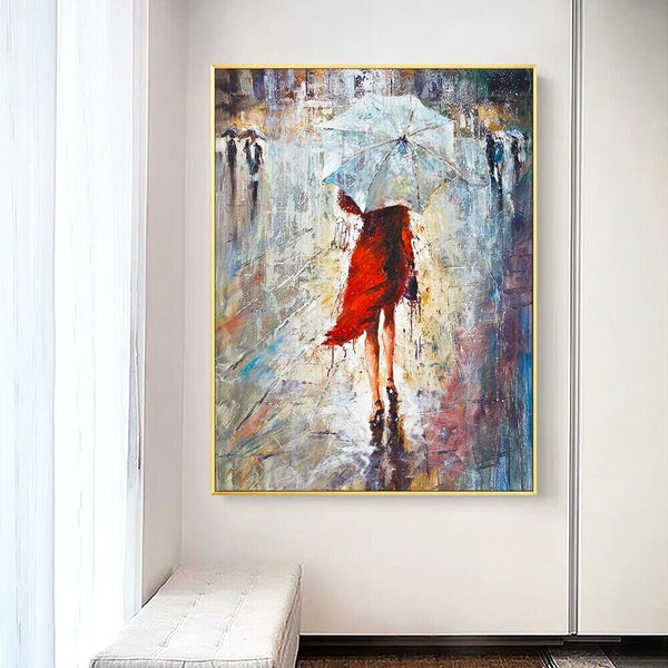 Woman in Red Dress Painting - Abstract Female Portrait Oil on Canvas, Chic Living Room Decor, Artistic New Homeowners Gift by Sona Casa