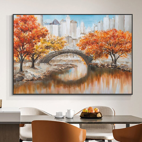 Bridging Testimony Of Time, Landscape Painting, Autumn Painting, Wall Art for Living Room, Trees Painting, Urban Painting, Nature Painting by Sona Casa