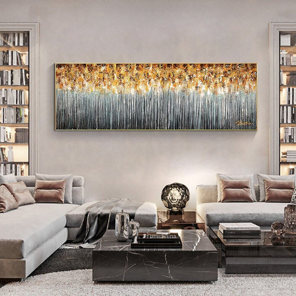Original Art Landscape Painting - Hand Painted Golden Extravaganza, Large Canvas Wall Art for Living Room by Sona Casa