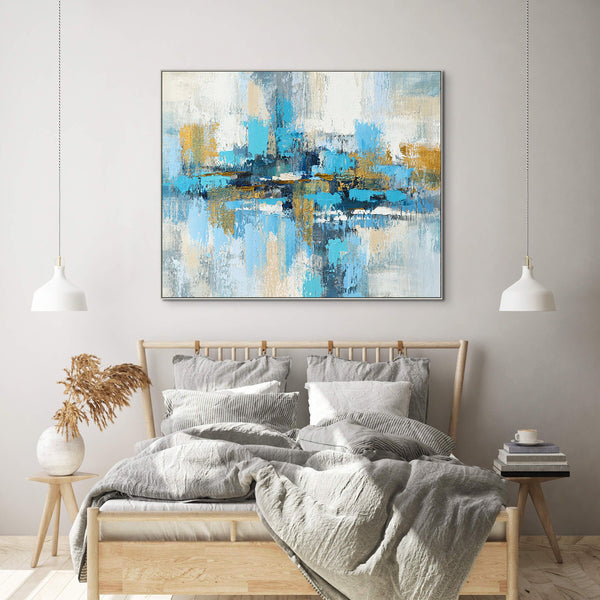 Random Strokes Large Abstract Canvas Painting - Blue and Gold Handmade Art for Living Room Decor, Unique Housewarming Gift by Sona Casa