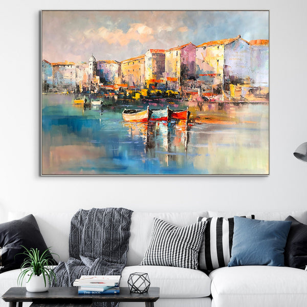 Portofino Italy Oil Painting on Canvas - Vivid Italian Landscape Wall Art for Home Decor, Original Portofino Marina Scene by Sona Casa