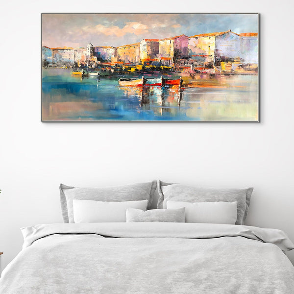 Portofino Italy Oil Painting on Canvas - Vivid Italian Landscape Wall Art for Home Decor, Original Portofino Marina Scene by Sona Casa