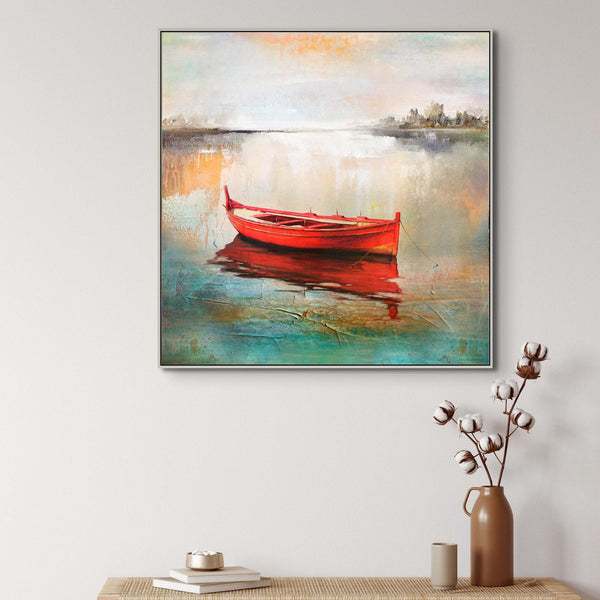 Boat Art - Handmade Abstract Lake Scene, Textured Canvas Painting for Modern Living Space or Office Wall Decor by Sona Casa