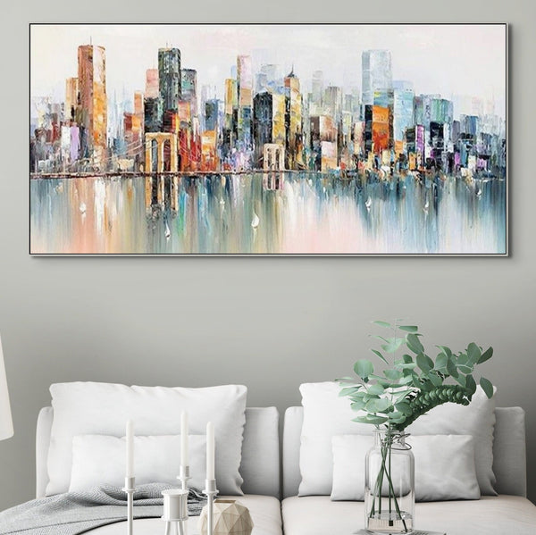 Abstract New York Painting - Handmade Large Canvas Art, Urban Cityscape Oil Painting for Modern Wall Decor, Unique Housewarming Gift by Sona Casa