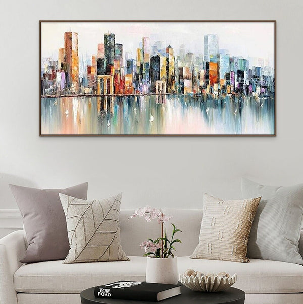 Abstract New York Painting - Handmade Large Canvas Art, Urban Cityscape Oil Painting for Modern Wall Decor, Unique Housewarming Gift by Sona Casa