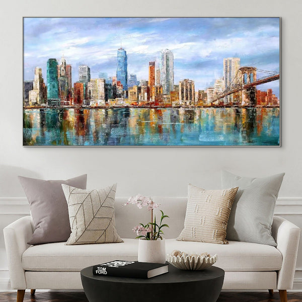 Abstract City Painting, Vibrant Manhattan Wall Art, Textured Skyline Canvas, Unique Housewarming Gift, Framed Wall Art America by Sona Casa