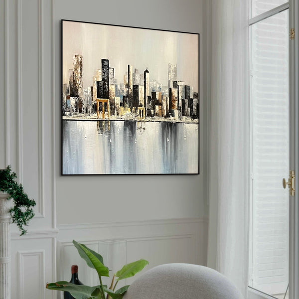 Abstract City Painting, Large Skyline Wall Art, Minimalist Urban Decor for Living Room, Artistic Housewarming Present by Sona Casa