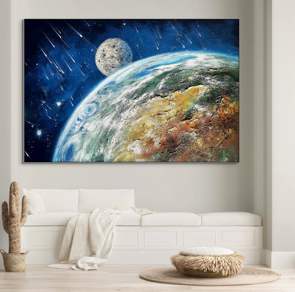 Earth and Moon Painting - Extra Large Textured Canvas Art, Hand-Painted Impasto Space Artwork for Modern Home Decor, Unique Astronomy Gift by Sona Casa