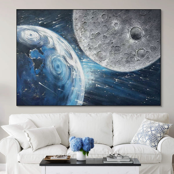 Earth and Moon Painting - Large Textured Canvas Wall Art, Celestial Space Decor for Home and Office, Unique Astronomy Gift by Sona Casa