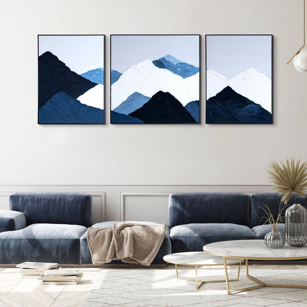 Extra Large Snow Mountain Peaks Trio Canvas, 79" 3D Thick Textured Painting by Sona Casa
