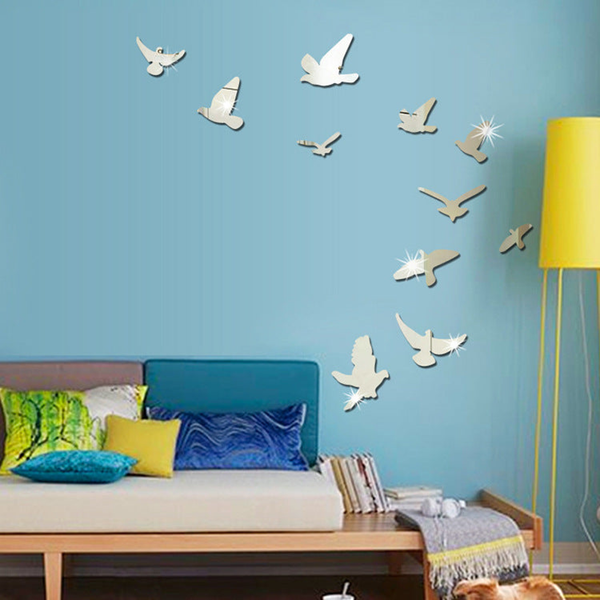 11 pcs Creative Flock Birds 3D Acrylic Mirror Stickers for Wall by Sona Casa