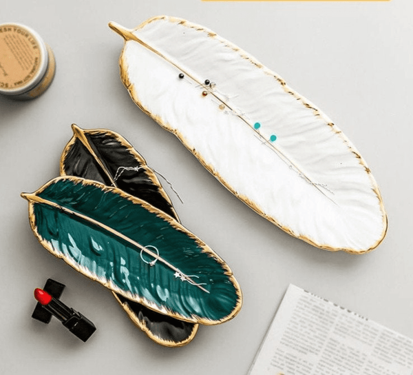 2 Pcs Ceramic Decorative Trays, Jewelry Tray, Dish Plates Snacks Feather Tabletop Home Kitchen, Vanity, Party Decor Ornament Organizer by Sona Casa