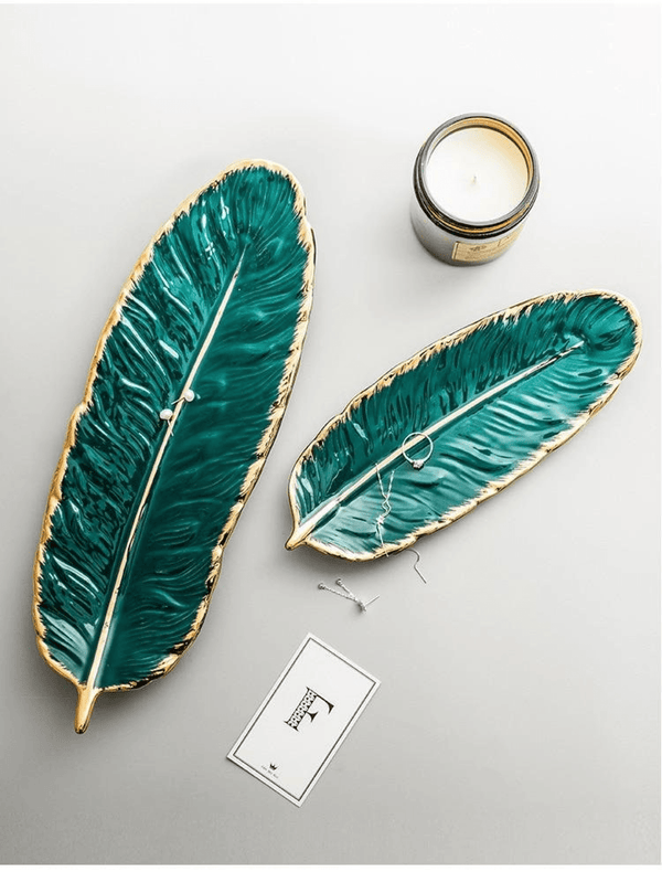 2 Pcs Ceramic Decorative Trays, Jewelry Tray, Dish Plates Snacks Feather Tabletop Home Kitchen, Vanity, Party Decor Ornament Organizer by Sona Casa