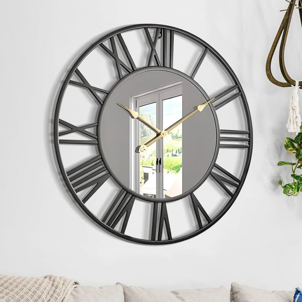 Large Black Wall Clock with Mirror, 24" Silent Roman Clock, Heavy Metal, Living Room Wall Decor-Sona Casa