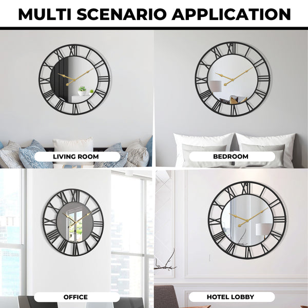 Large Black Wall Clock with Mirror, 24" Silent Roman Clock, Heavy Metal, Living Room Wall Decor-Sona Casa