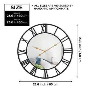 Large Black Wall Clock with Mirror, 24" Silent Roman Clock, Heavy Metal, Living Room Wall Decor-Sona Casa