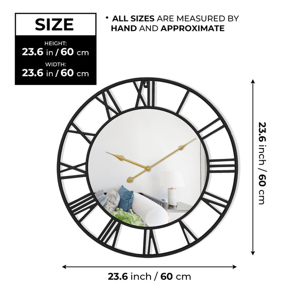 Large Black Wall Clock with Mirror, 24" Silent Roman Clock, Heavy Metal, Living Room Wall Decor-Sona Casa