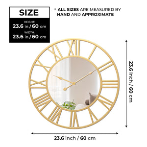 Large Golden Wall Clock with Mirror, 24" Silent Roman Clock, Heavy Metal, Living Room Wall Decor-Sona Casa