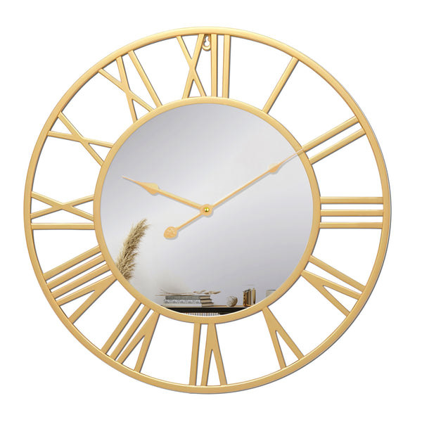Large Golden Wall Clock with Mirror, 24" Silent Roman Clock, Heavy Metal, Living Room Wall Decor-Sona Casa